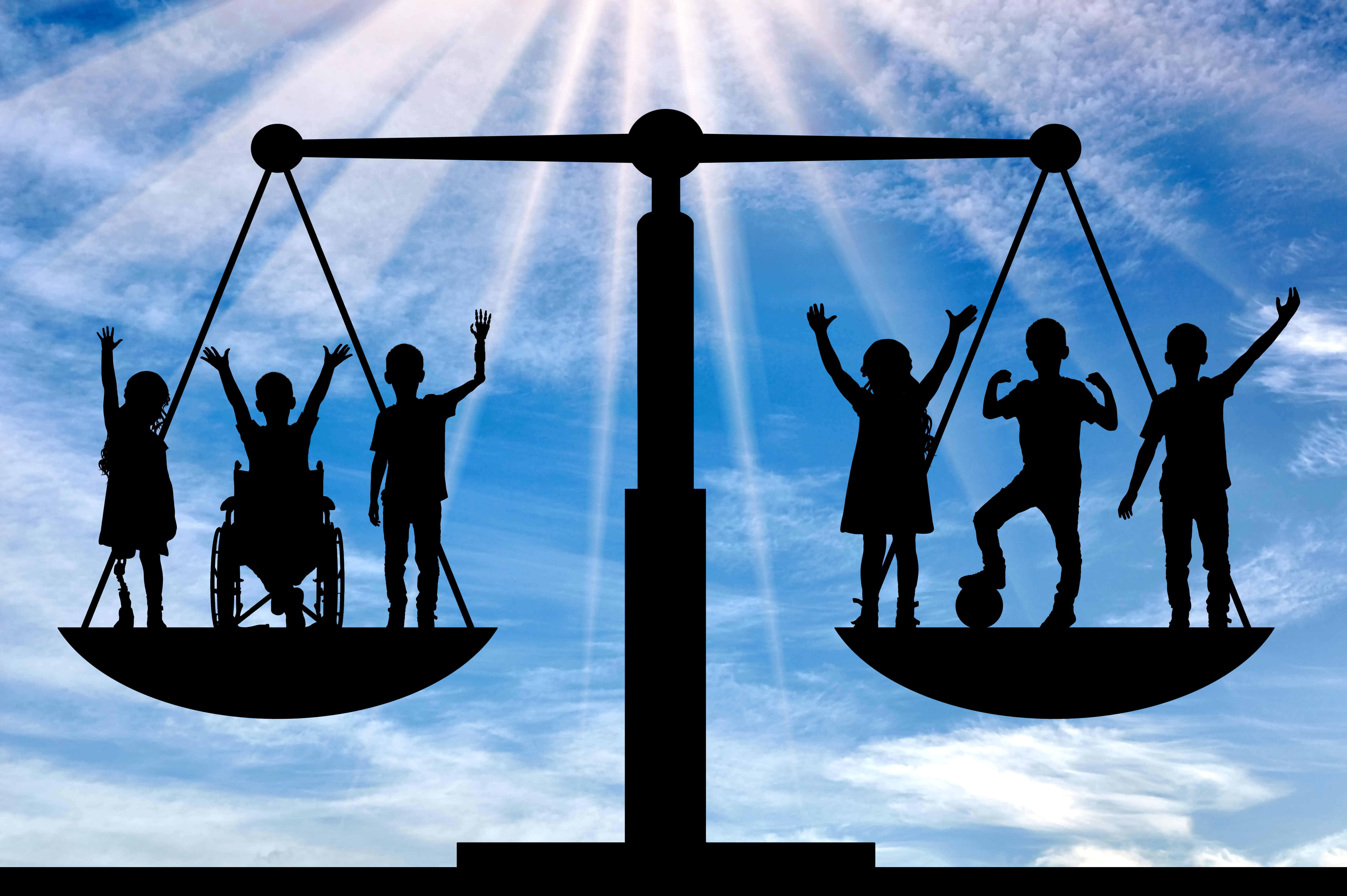 Equality among children, featuring a balanced scale with both disabled and non-disabled kids.
