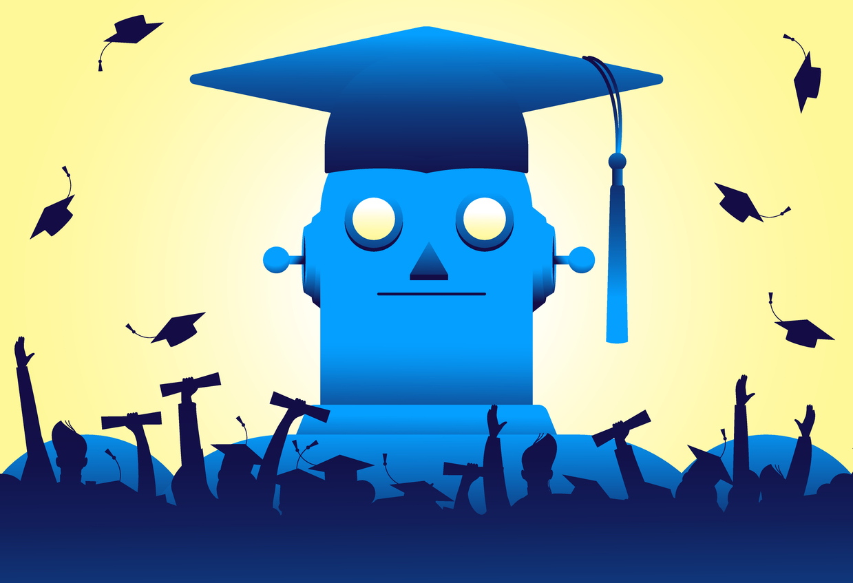 Giant robot in graduation cap and crowd of graduate vector illustration